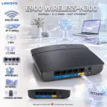 Linksys E900 Wireless-N300 Router, 2.4GHz, Up to 300Mbps, 2×2 MIMO, 2 Internal Antennas, 4× Fast Ethernet 10/100 Ports, WPA2 + SPI Firewall, Cisco Connect | E900-EE