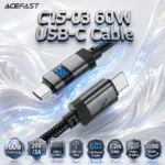 ACEFAST C15-03 USB-C to USB-C 60W Charging Data Cable – LED Power Display, USB 2.0 Data Transfer, 1.2m Nylon Braided Cable, Zinc Alloy Connectors | Black