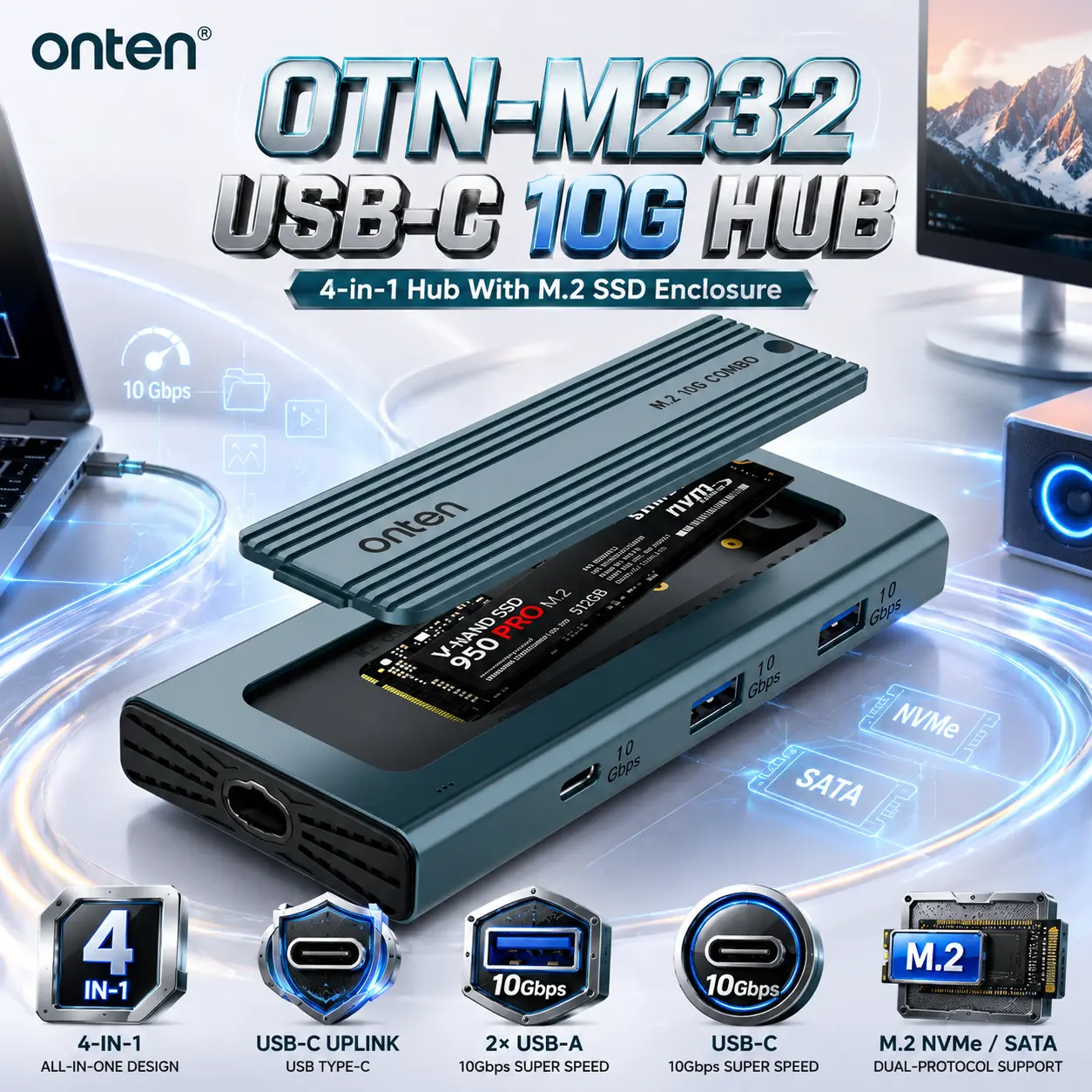 IMG_6a8437eb72b9a.webp ONTEN OTN-M232 4-in-1 USB-C 10G Hub With M.2 SSD Enclosure, USB Type-C Uplink, 2× USB 3.2 Gen 2 Type-A, 1× USB 3.2 Gen 2 Type-C, NVMe / SATA Support - Image 1