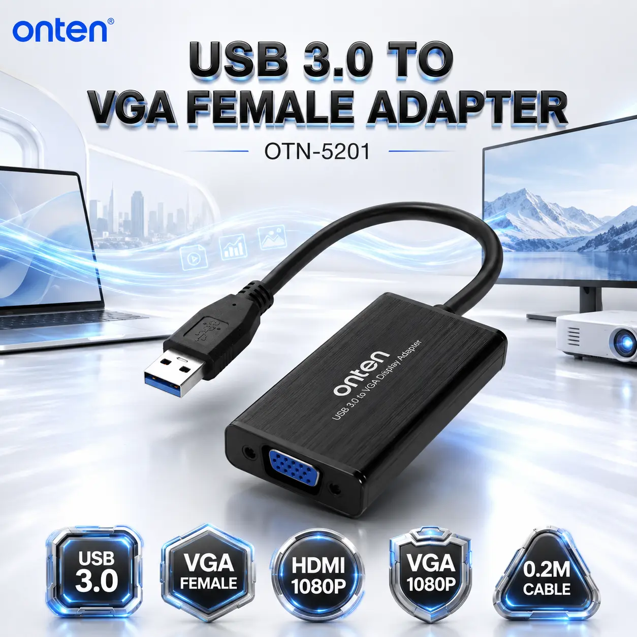 IMG_6a858c8374c44.webp ONTEN OTN-5201 USB 3.0 to VGA Female Adapter, 1080P HDMI and VGA Output, 0.2M Cable, Black Display Adapter for Monitor and Projector Connectivity - Image 1