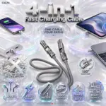 OEM 4-in-1 Fast Charging & Data Cable – 1m Gray Silicone Multi-Connector Cable With 180° Rotating Design for Compatible iPhone, Android, Tablet, Laptop & USB Devices