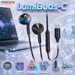 Promate LumiBuds-C USB-C Wired RGB Earphones – 14mm Dynamic Drivers, 20Hz–20kHz Stereo Audio, Built-In Mic, In-Line Volume & Call Controls, 3-Mode RGB and 1.2m Cable