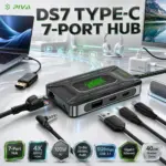 PIVA DS7 USB-C 7-Port Hub – 4K 60Hz HDMI, 100W PD, 32-Bit/384kHz Audio, USB 3.1 5120Mbps, Gigabit Ethernet, Dual Type-C & 40cm Braided Cable