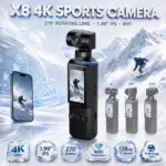 X8 4K Pocket Sports Camera – 1.99-Inch IPS Screen, 270° Manual Rotating Lens, WiFi Video Transmission, Wide-Angle Recording & Up to 128GB TF Card Support – Black