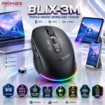 Promate Blix-3M Silent-Click Triple-Mode Wireless Mouse – BT5.1 + 2.4GHz, 1600 DPI, OLED Display, RGB, 500mAh Battery, USB-C & 3-Device Connectivity