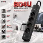 INVO B04U Black German 4-Outlet Power Strip with Master On/Off Switch, 3-Wire Cable, Child-Safety Sockets & 3G1.5mm² Cable Construction