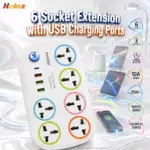 HEINZ HZ-B16PD 6-Socket Extension with 3 USB Charging Ports, Power Button, White Colorful Design & 10A 250V Rating
