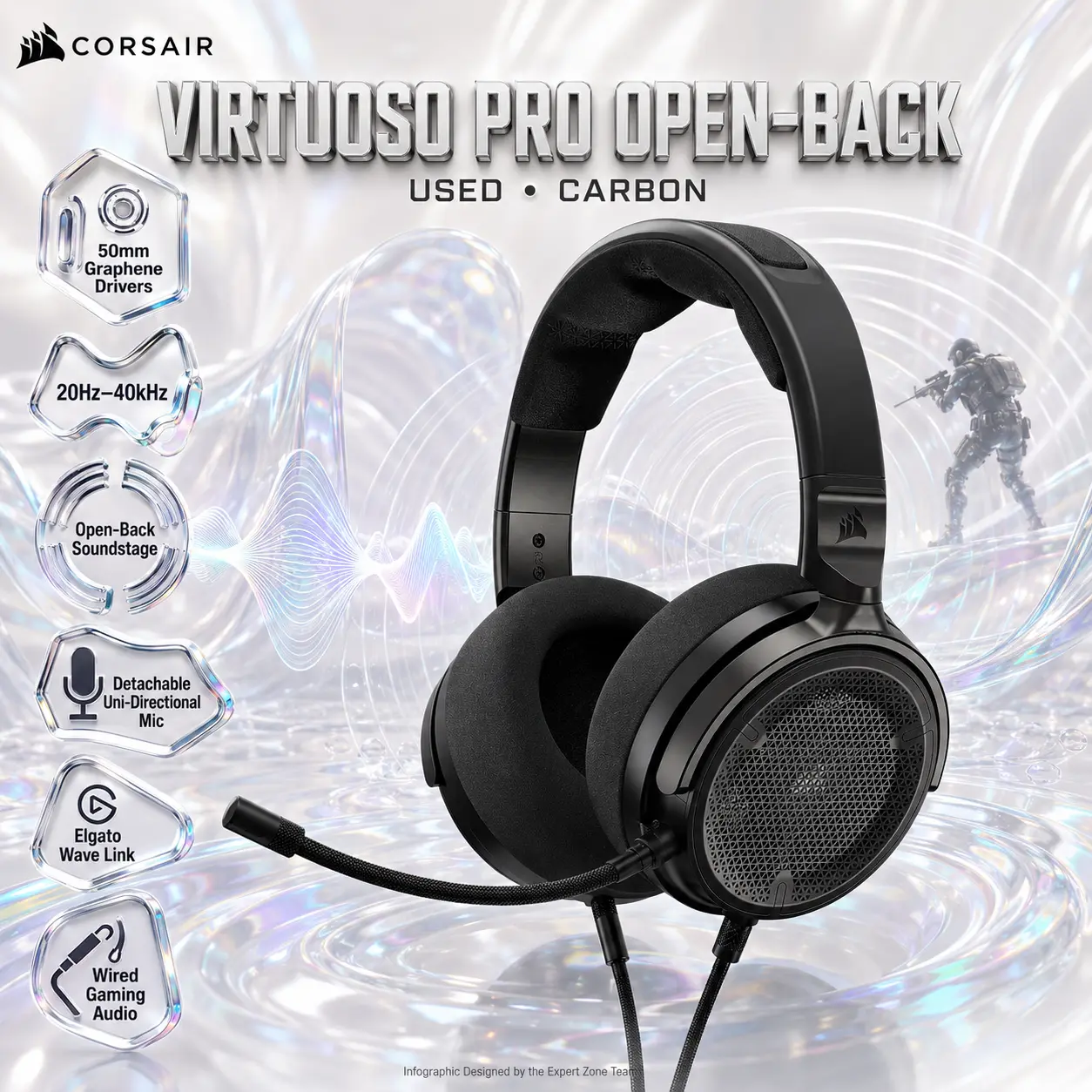 IMG_6a92c76e13ef5.webp Used CORSAIR VIRTUOSO PRO Open-Back Wired Gaming Headset – 50mm Graphene Drivers, 20Hz–40kHz, Detachable Uni-Directional Mic & Elgato Wave Link Support - Image 1