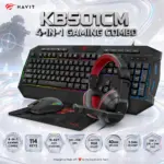 HAVIT KB501CM 4-in-1 Wired Gaming Combo – 114-Key RGB Backlit Keyboard, 6-Button 800–2400 DPI Mouse, 40mm 3.5mm Headset With Mic & 250 × 210 mm Mouse Pad – Black/Red, PC/Mac/Laptop