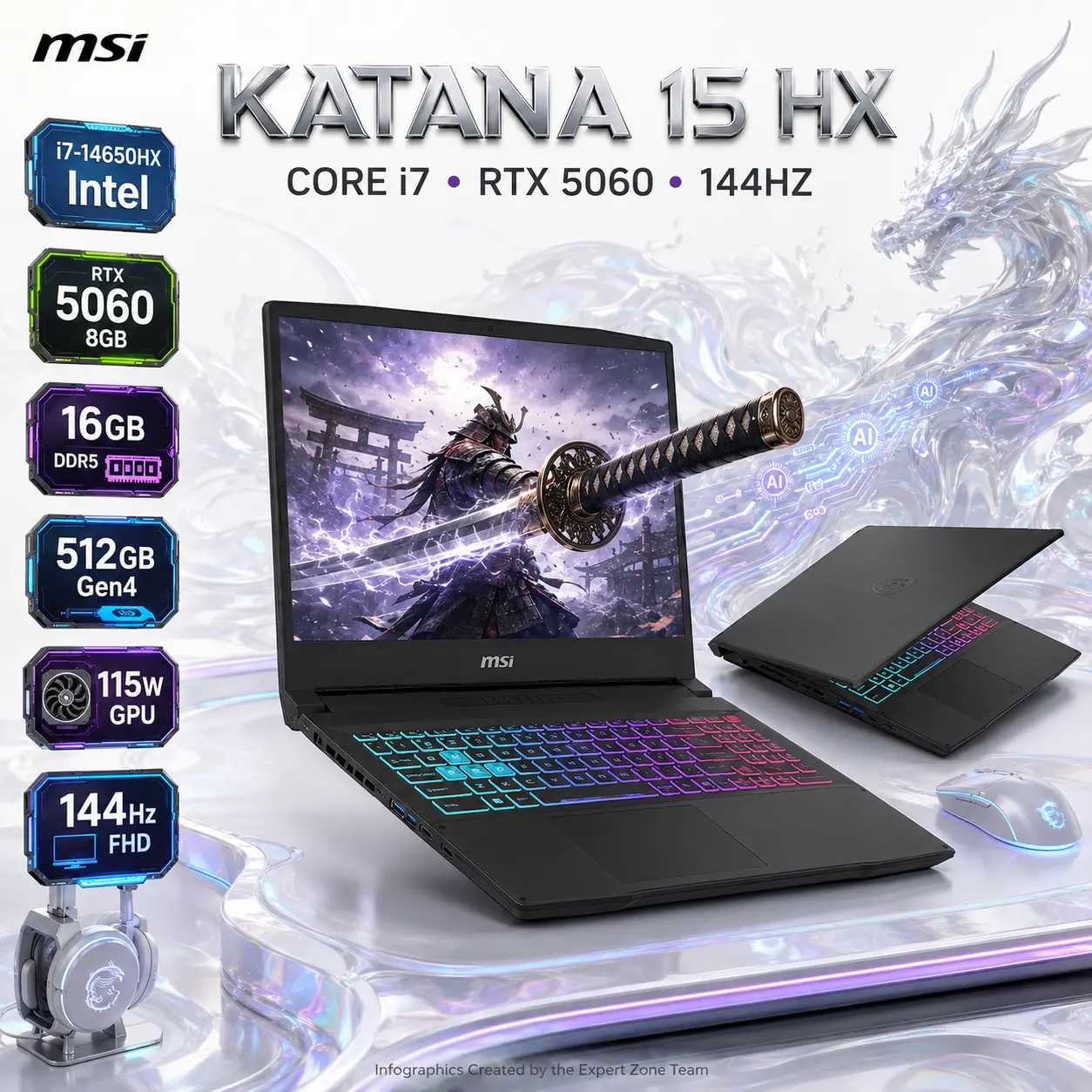 IMG_6a734b8e549a6.webp MSI Katana 15 HX B14WFK Intel® Core i7-14650HX | 16GB DDR5 RAM ; 512GB NVMe | RTX 5060 , 8GB | 15.6-inch 144Hz IPS Display | 4-Zone RGB Backlit Keyboard | DOS | BLACK - Image 1