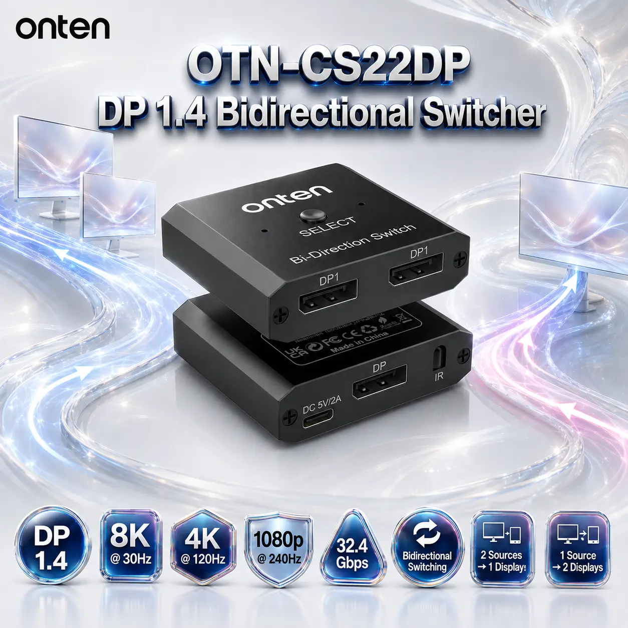 IMG_6a82fe6552526.webp ONTEN OTN-CS22DP DisplayPort 1.4 Bidirectional Switcher – 8K@30Hz, 4K@120Hz, 1080p@240Hz, 32.4Gbps, 2 DP Sources to 1 Display or 1 Source to 2 Displays - Image 1