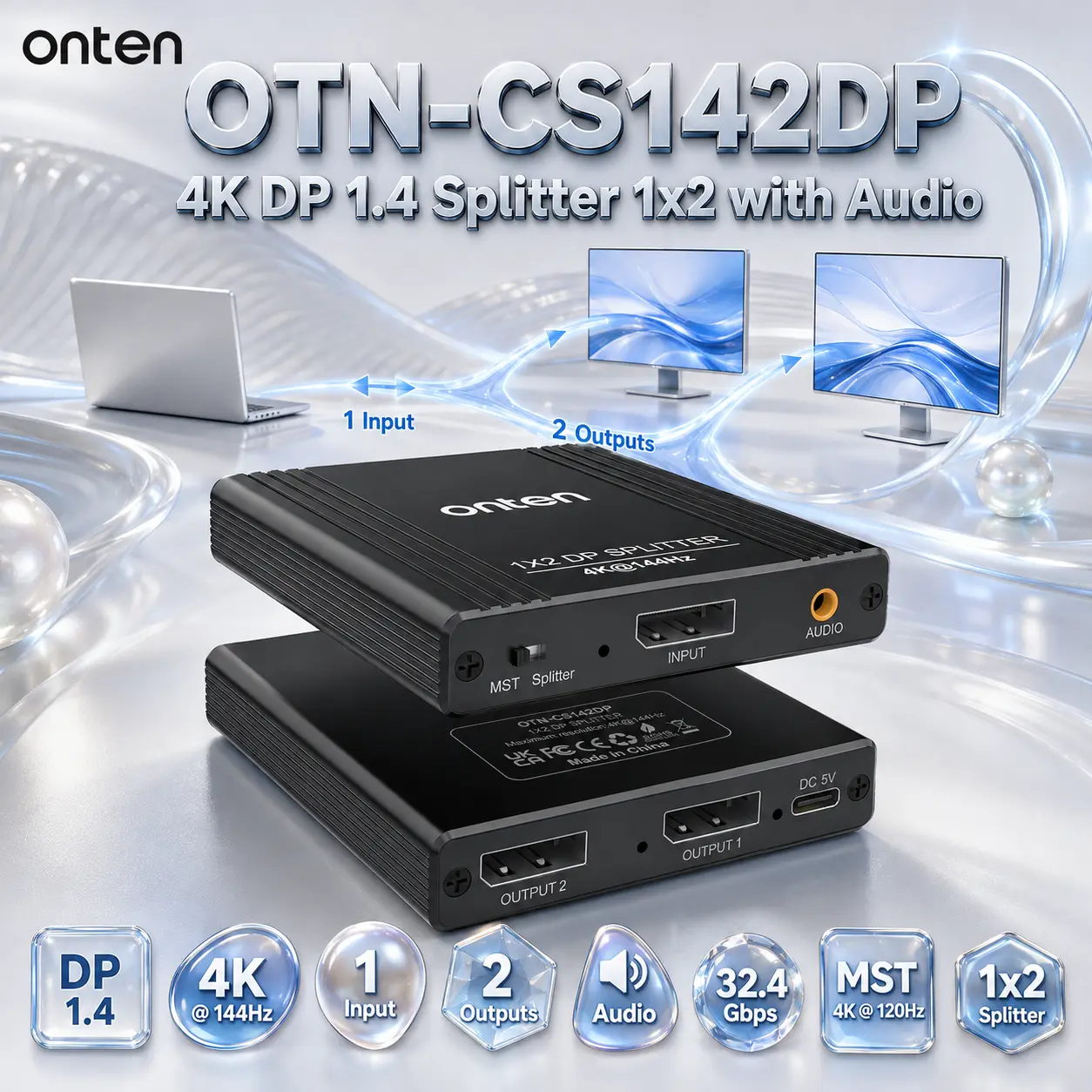 IMG_6a83022217129.webp ONTEN OTN-CS142DP 4K DisplayPort 1.4 Splitter 1×2 With Audio – 4K@144Hz, Dual DP Outputs, MST Up to 4K@120Hz & 32.4Gbps Transfer Rate - Image 1