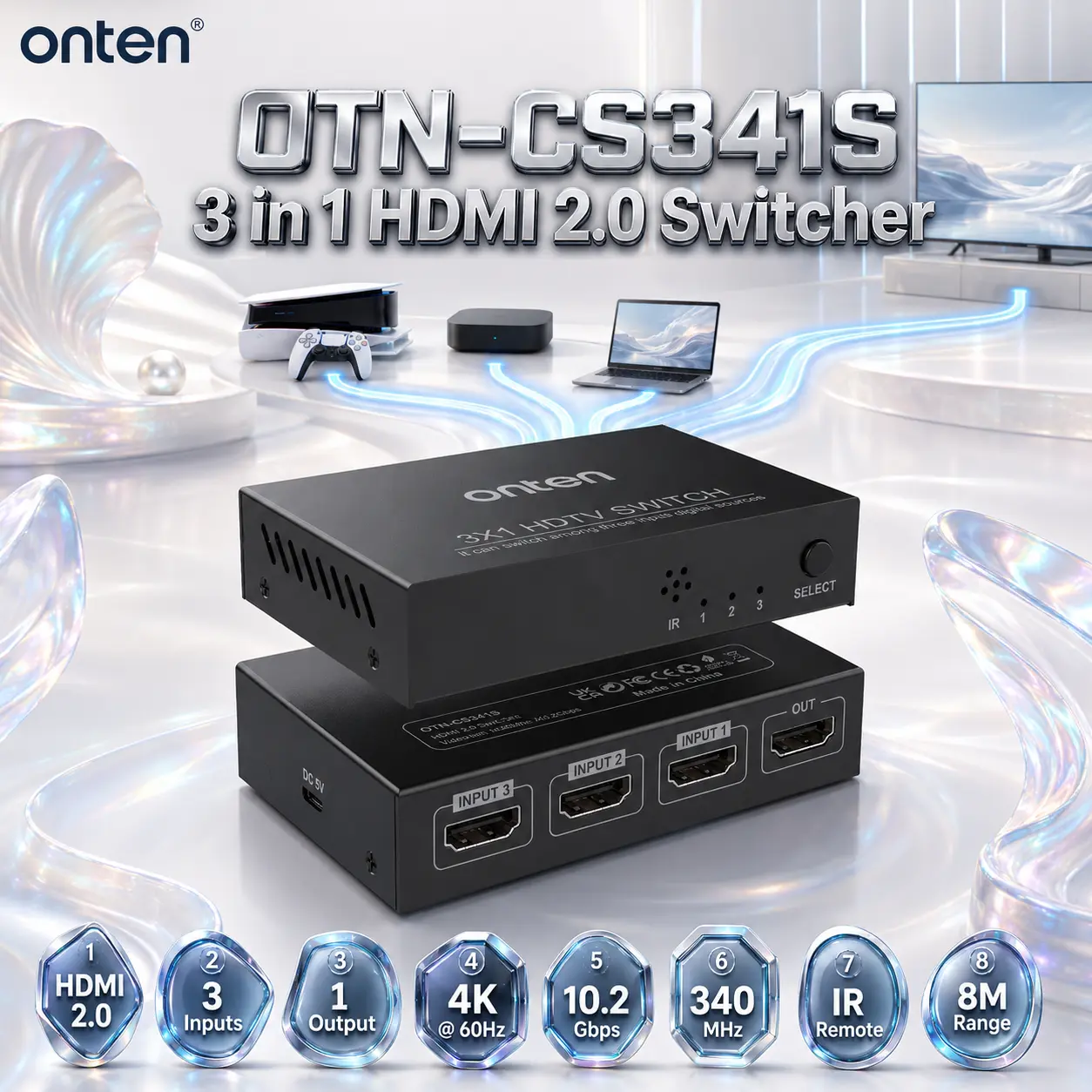IMG_6a83045145781.webp ONTEN OTN-CS341S 3-in-1 HDMI 2.0 Switcher – 3 HDMI Inputs to 1 Output, 4K@60Hz Ultra HD, 10.2Gbps Bandwidth, IR Remote Control, Black - Image 1