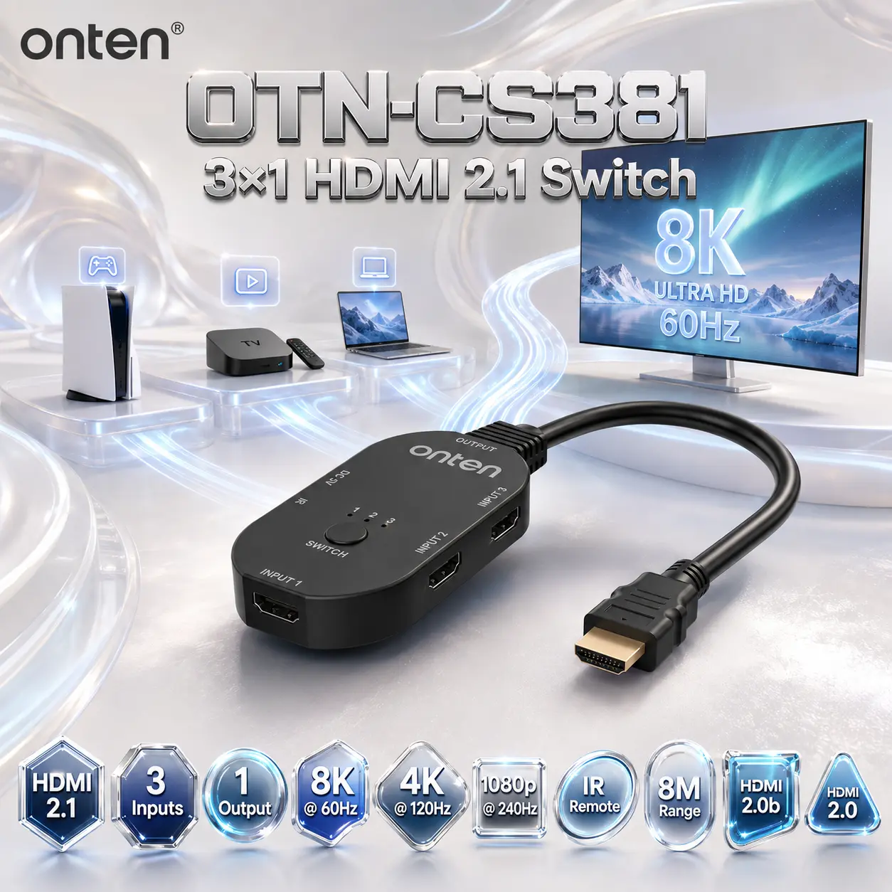 IMG_6a8308bd4ce06.webp ONTEN OTN-CS381 3×1 HDMI 2.1 Switch – 8K@60Hz, 4K@120Hz, 1080p@240Hz, 3 HDMI Inputs to 1 Output, IR Remote Control, Compatible with HDMI 2.1 / 2.0b / 2.0 - Image 1