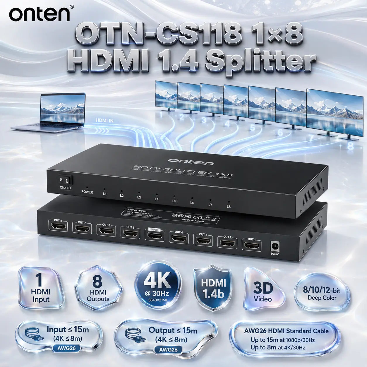 IMG_6a83135c452d8.webp ONTEN OTN-CS118 1×8 HDMI 1.4b Splitter – 1 HDMI Input to 8 Outputs, 4K@30Hz, 3D Video, 8/10/12-Bit Deep Color & Long AWG26 Cable Support - Image 1