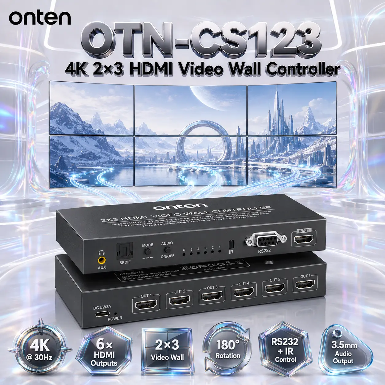 IMG_6a8318506d6fe.webp ONTEN OTN-CS123 4K 2×3 HDMI Video Wall Controller – 1 HDMI Input, 6 HDMI Outputs, 4K@30Hz, 1080P@60Hz, 180° Rotation, RS232, IR Remote & Audio - Image 1