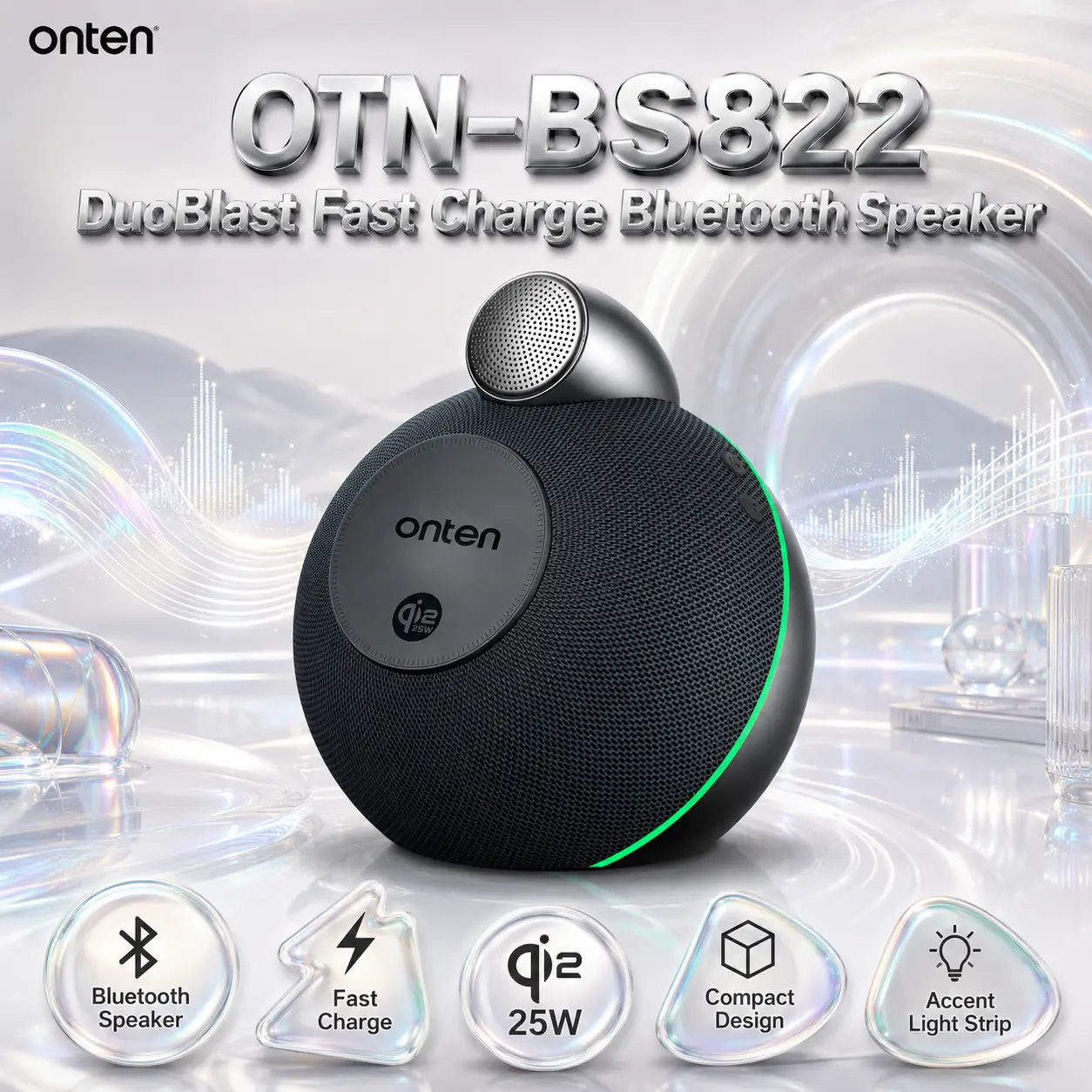 IMG_6a83204e9a685.webp ONTEN OTN-BS822 DuoBlast Fast Charge Bluetooth Speaker – Compact Wireless Speaker with Stylish Rounded Design, Qi2 25W Marking & Accent Light Strip - Image 1