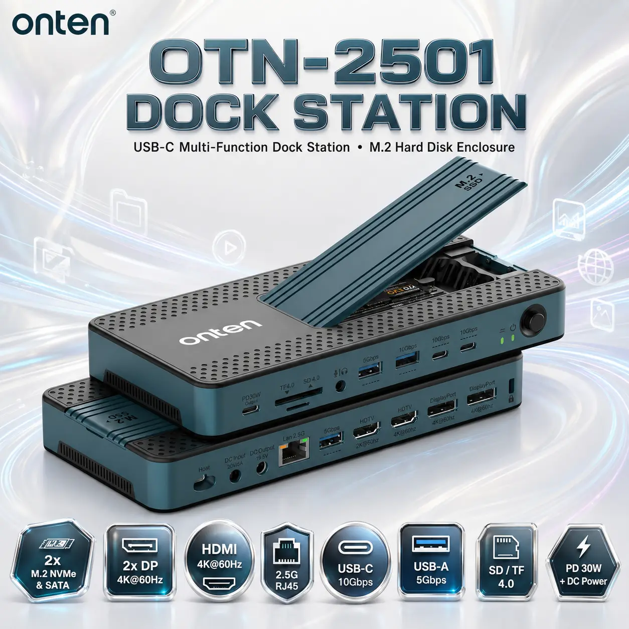 IMG_6a8432fe80e67.webp ONTEN OTN-2501 USB-C Dock Station With Dual M.2 NVMe & SATA Enclosure, 2× DP 4K@60Hz, HDMI, 2.5G LAN, USB 10Gbps, SD/TF 4.0, PD 30W Output - Image 1