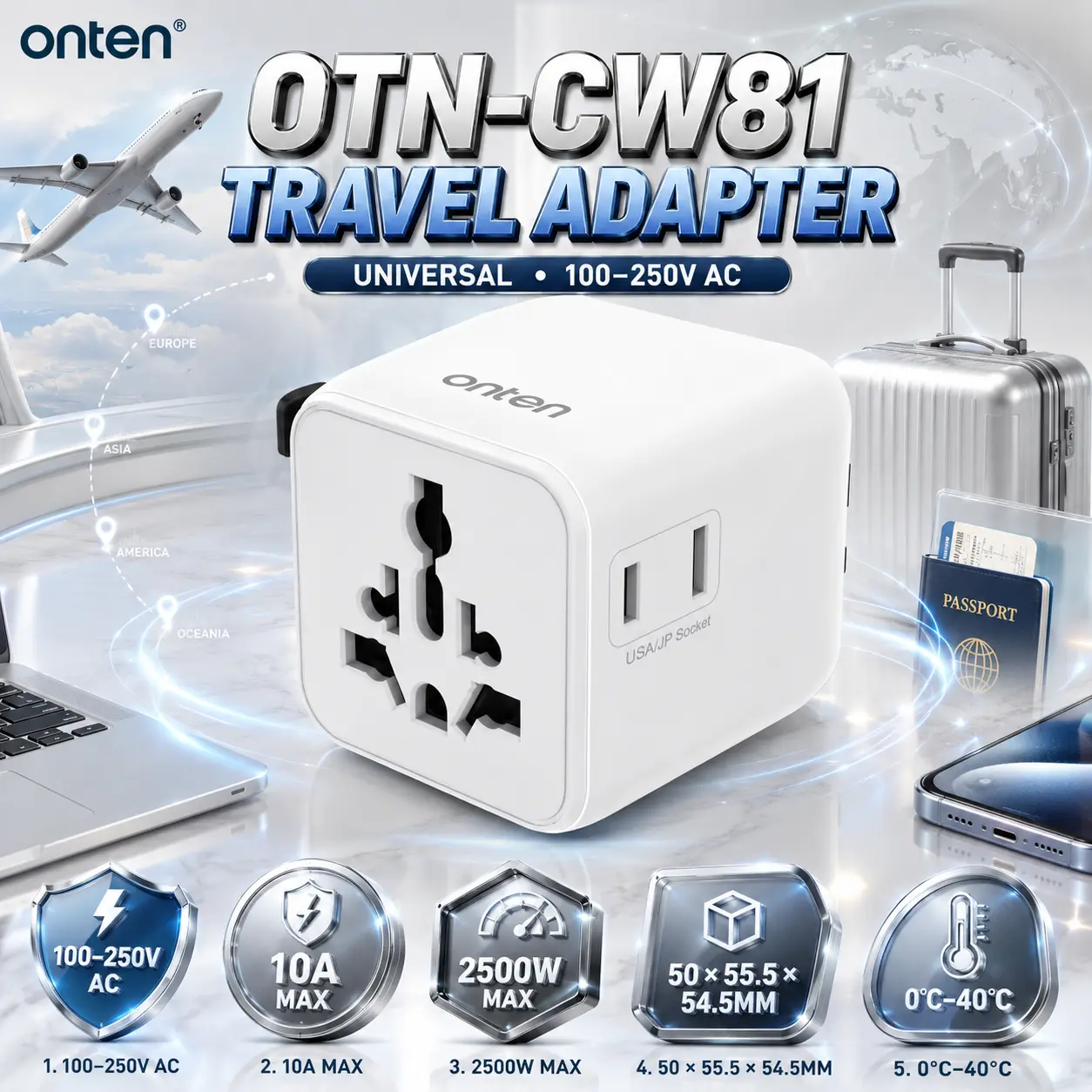 IMG_6a843ba0546f1.webp ONTEN OTN-CW81 Universal Travel Adapter – 100–250V AC, 10A Max, 2500W Max, Compact 50 × 55.5 × 54.5mm Travel Power Adapter | White - Image 1