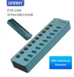ONTEN OTN-5308 USB 3.2 Gen 1 10-Port Hub – 10× USB 5Gbps Ports With Individual Control Buttons, USB 3.0 Type-B Uplink & DC 12V Power - Image 3