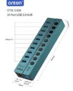 ONTEN OTN-5308 USB 3.2 Gen 1 10-Port Hub – 10× USB 5Gbps Ports With Individual Control Buttons, USB 3.0 Type-B Uplink & DC 12V Power - Image 4