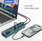 ONTEN OTN-5308 USB 3.2 Gen 1 10-Port Hub – 10× USB 5Gbps Ports With Individual Control Buttons, USB 3.0 Type-B Uplink & DC 12V Power - Image 6