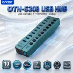 ONTEN OTN-5308 USB 3.2 Gen 1 10-Port Hub – 10× USB 5Gbps Ports With Individual Control Buttons, USB 3.0 Type-B Uplink & DC 12V Power