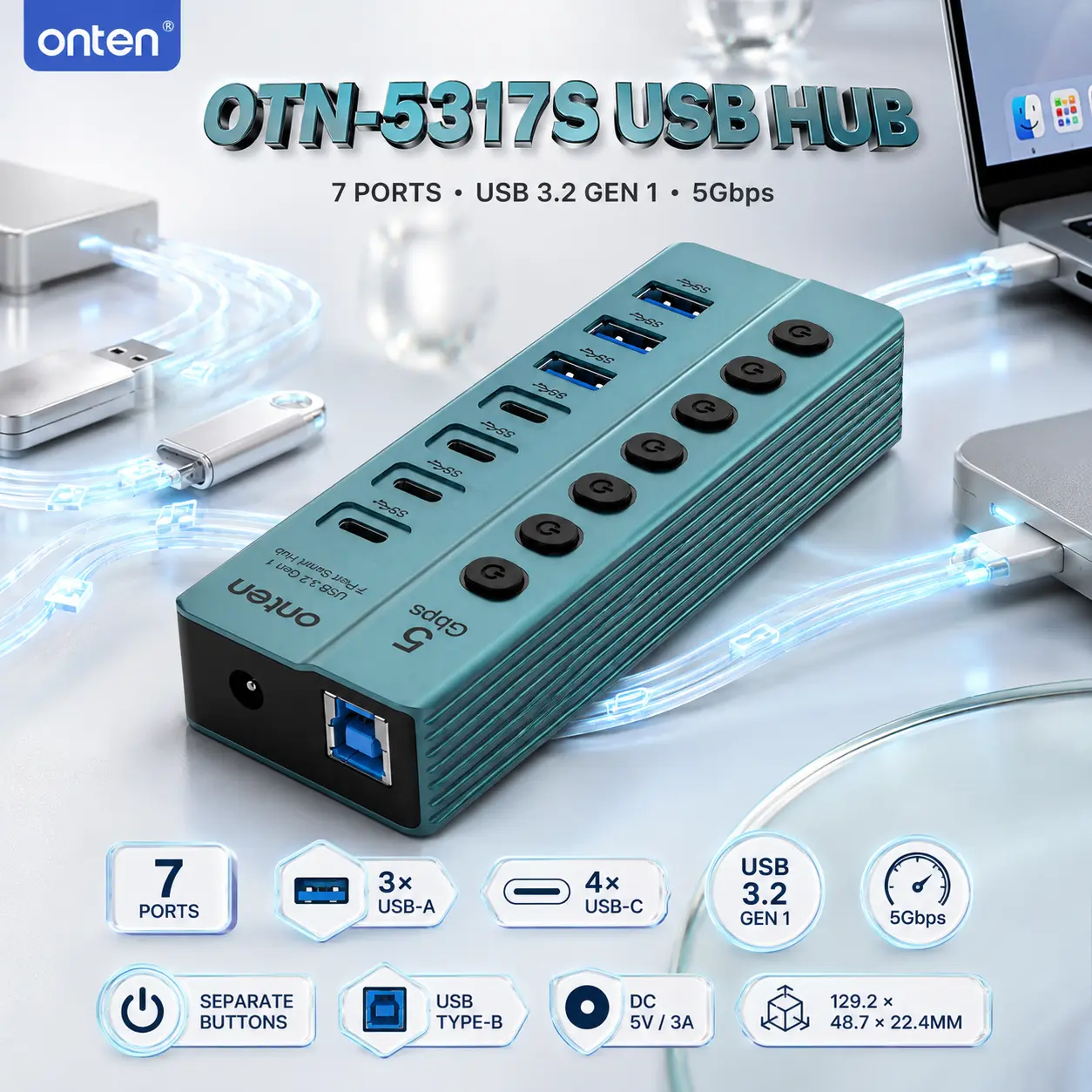 IMG_6a844354e2868.webp ONTEN OTN-5317S 7-Port USB 3.2 Gen 1 Hub – 3× USB-A + 4× USB-C 5Gbps Ports, Individual Controls, USB Type-B Uplink & DC 5V/3A Power - Image 1
