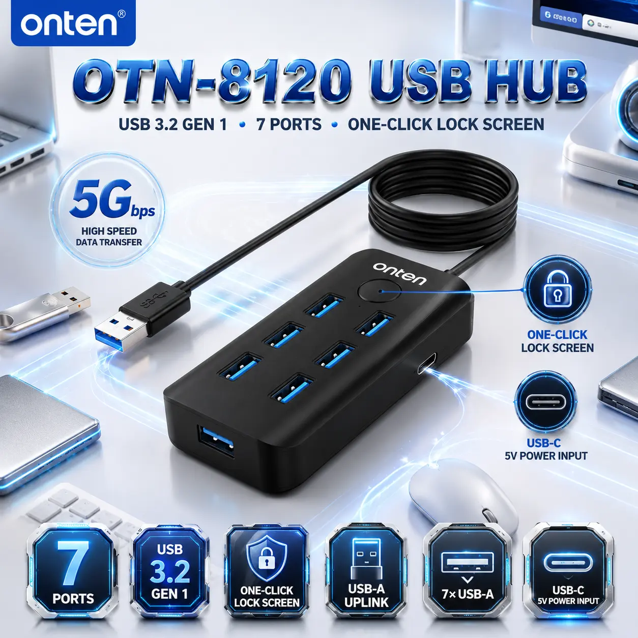 IMG_6a8446514307d.webp ONTEN OTN-8120 USB 3.2 Gen 1 7-Port 5G Hub With One-Click Lock Screen Button, 7× USB-A Downstream Ports, USB-A Uplink & USB-C 5V Power Input - Image 1