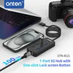 ONTEN OTN-8121 USB 3.2 Gen 1 6-Port 5G Hub With 6× USB-A, USB-C, 10/100Mbps RJ45 Ethernet, USB-A Uplink & One-Click Lock Screen Button - Image 3