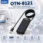 ONTEN OTN-8121 USB 3.2 Gen 1 6-Port 5G Hub With 6× USB-A, USB-C, 10/100Mbps RJ45 Ethernet, USB-A Uplink & One-Click Lock Screen Button