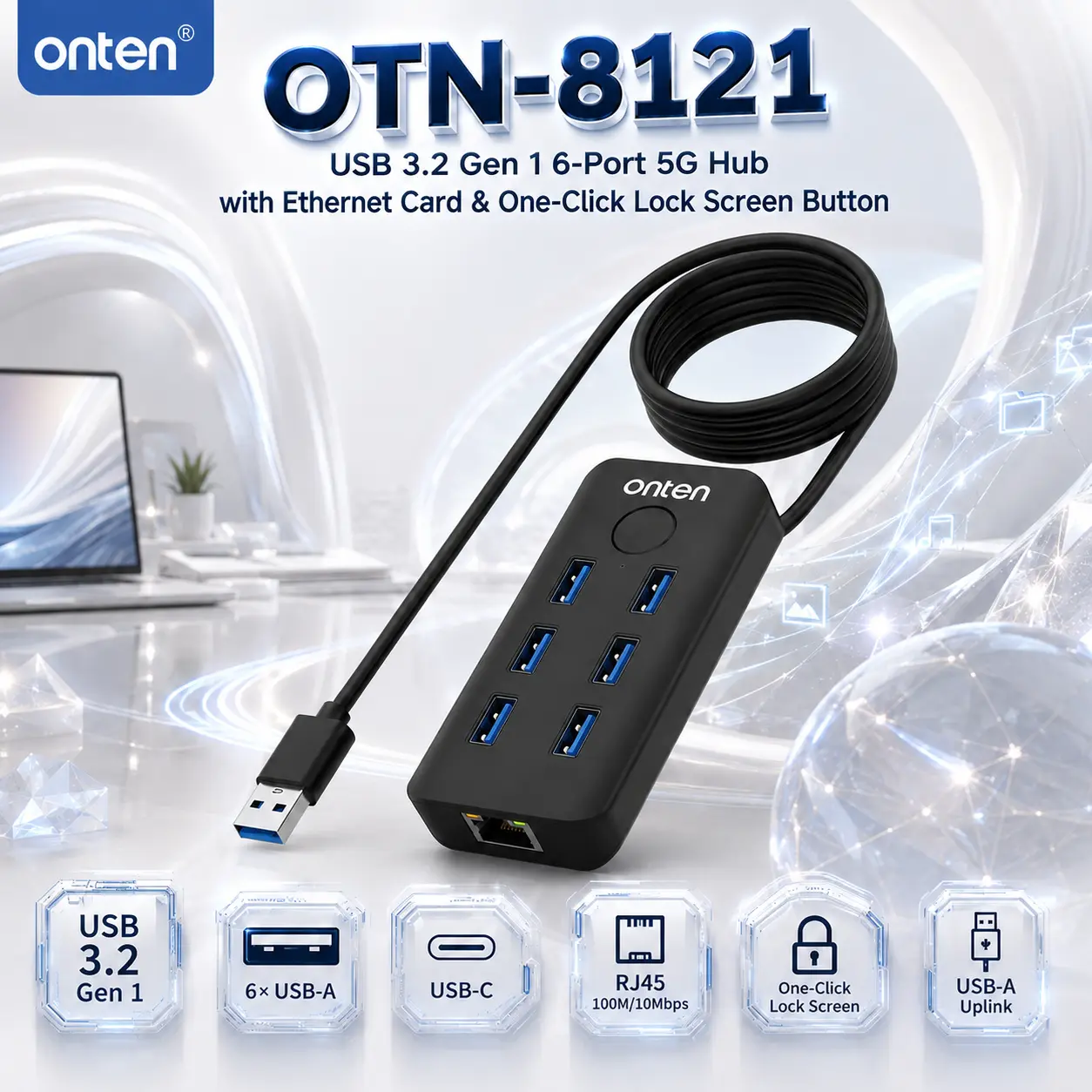 IMG_6a844b5c635e3.webp ONTEN OTN-8121 USB 3.2 Gen 1 6-Port 5G Hub With 6× USB-A, USB-C, 10/100Mbps RJ45 Ethernet, USB-A Uplink & One-Click Lock Screen Button - Image 1