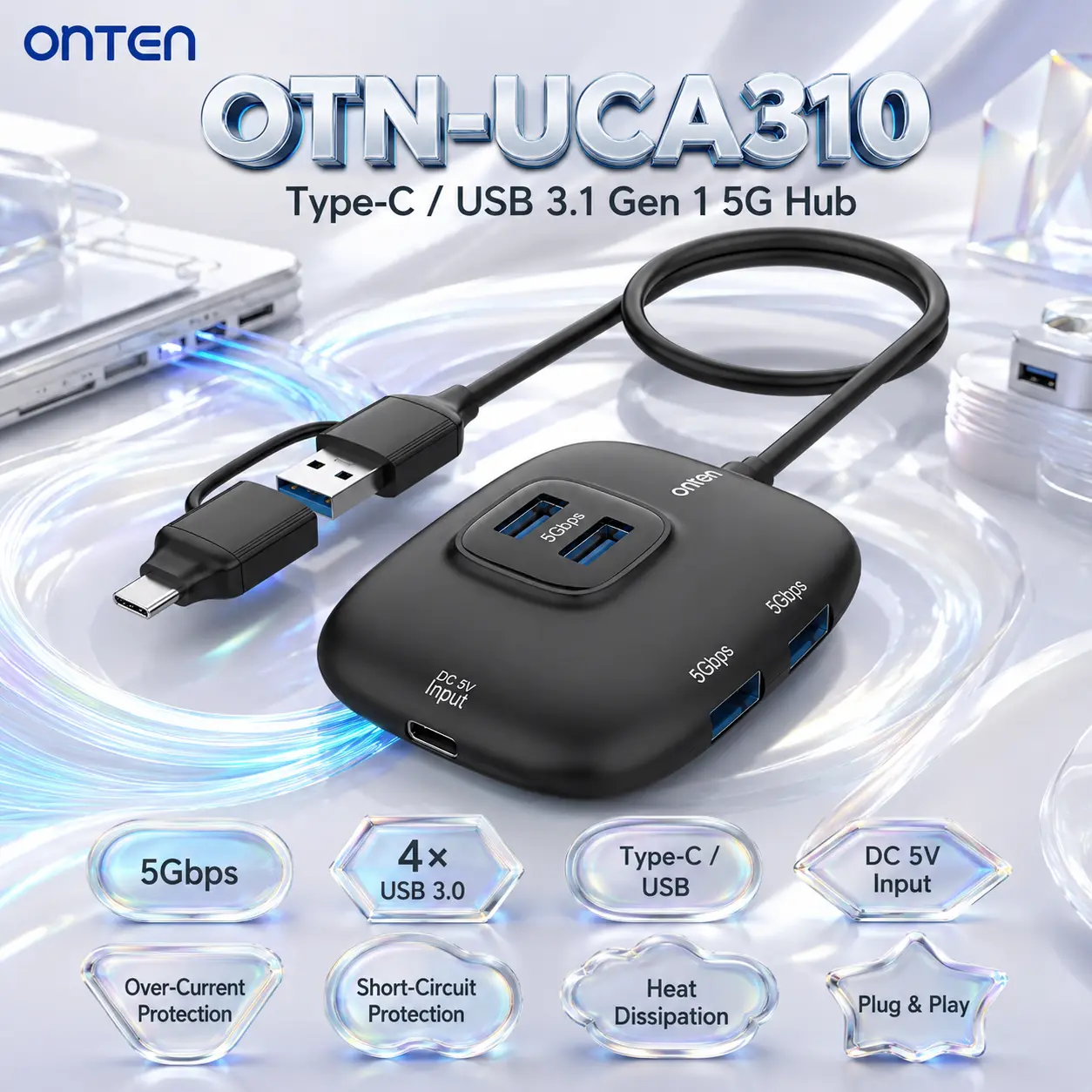 IMG_6a844e118deb6.webp ONTEN OTN-UCA310 Type-C/USB 3.1 Gen 1 5G Hub With 4× USB 3.0 Ports, Up To 5Gbps, DC 5V Input, Multi-Protection & Plug-and-Play - Image 1