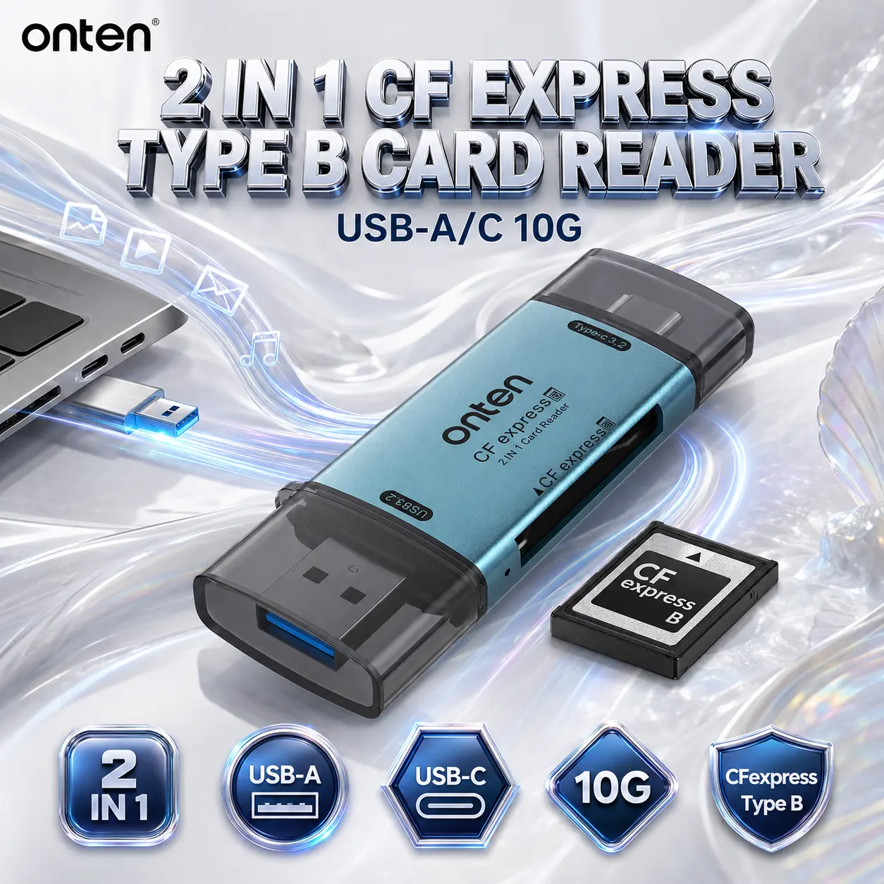 IMG_6a845d2a8f1df.webp ONTEN OTN-CR633 2-in-1 USB-A/C 10G CFexpress Type B Card Reader – Compact Dual-Connector High-Speed Reader for Compatible CFexpress Type B Workflows - Image 1