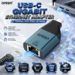 ONTEN OTN-UC101 USB-C Gigabit Ethernet Adapter – 1000Mbps RJ45 Network Card With 1000M/100M/10M Support, Aluminum Alloy + ABS Compact Design