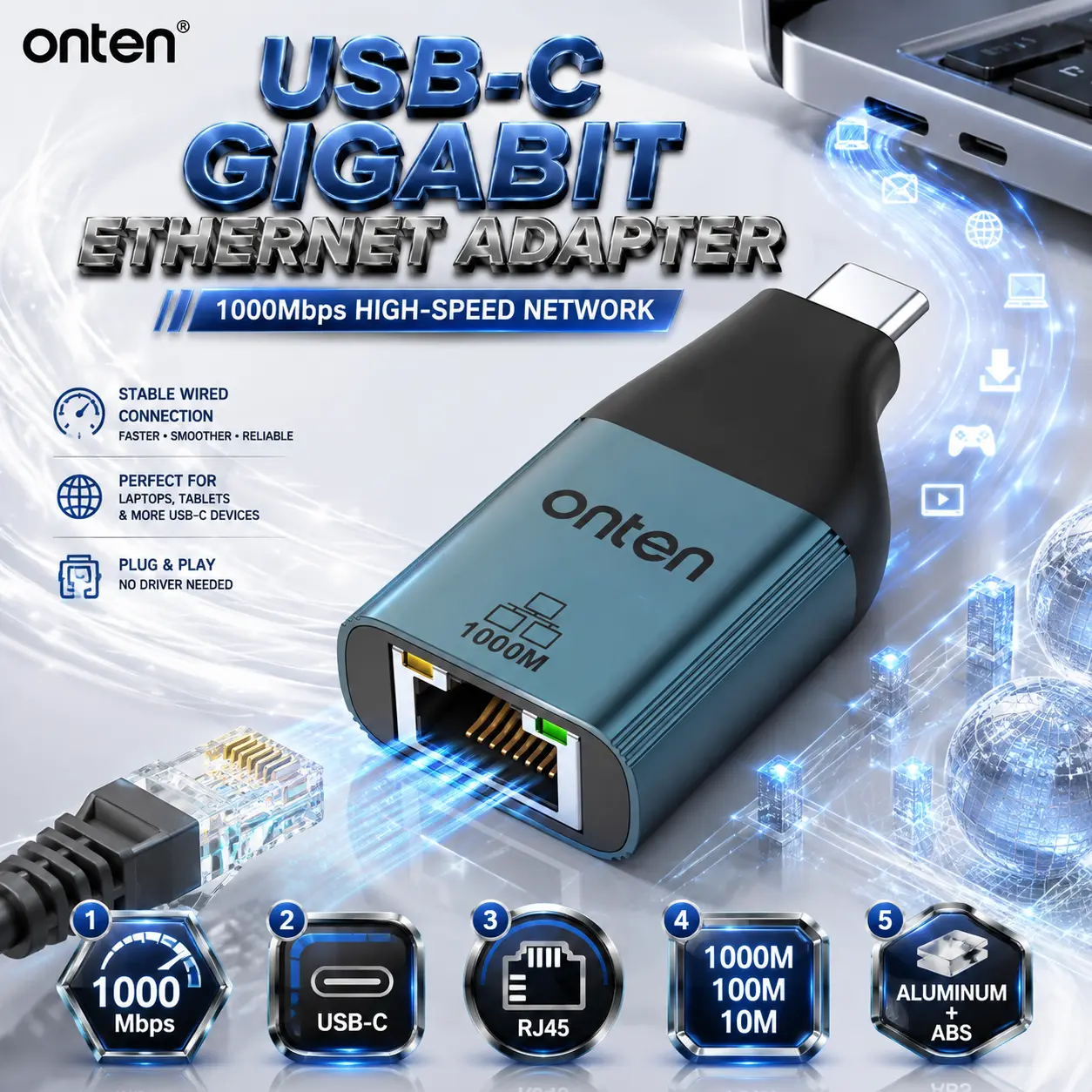 IMG_6a84626f1dab3.webp ONTEN OTN-UC101 USB-C Gigabit Ethernet Adapter – 1000Mbps RJ45 Network Card With 1000M/100M/10M Support, Aluminum Alloy + ABS Compact Design - Image 1