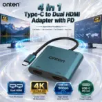 ONTEN OTN-9175K 4-in-1 USB-C to Dual HDMI Adapter with Dual 4K HDMI Outputs, 5Gbps USB 3.0 Port, USB-C PD 3.0 Charging and Integrated Type-C Cable