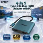 ONTEN OTN-9175K 4-in-1 USB-C to Dual HDMI Adapter with Dual 4K HDMI Outputs, 5Gbps USB 3.0 Port, USB-C PD 3.0 Charging and Integrated Type-C Cable