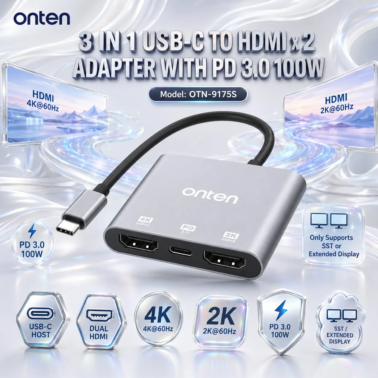 IMG_6a85ac002d31e.webp ONTEN OTN-9175S 3-in-1 USB-C to Dual HDMI Adapter, 4K@60Hz + 2K@60Hz, PD 3.0 100W Charging, SST or Extended Display Support, Compact Multi-Monitor Hub for USB-C Devices and Laptops - Image 1