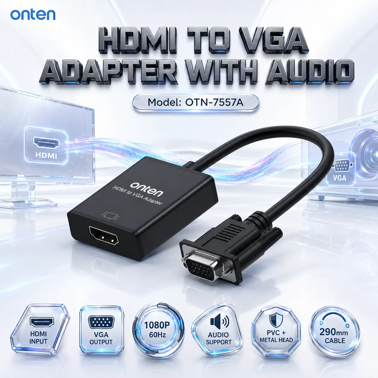 IMG_6a85af0b2d562.webp ONTEN OTN-7557A HDMI to VGA Adapter With Audio, 1080P@60Hz Converter, 290mm Cable, PVC + Metal Connector for PS4, Switch, Set-Top Boxes, Monitors and Projectors - Image 1