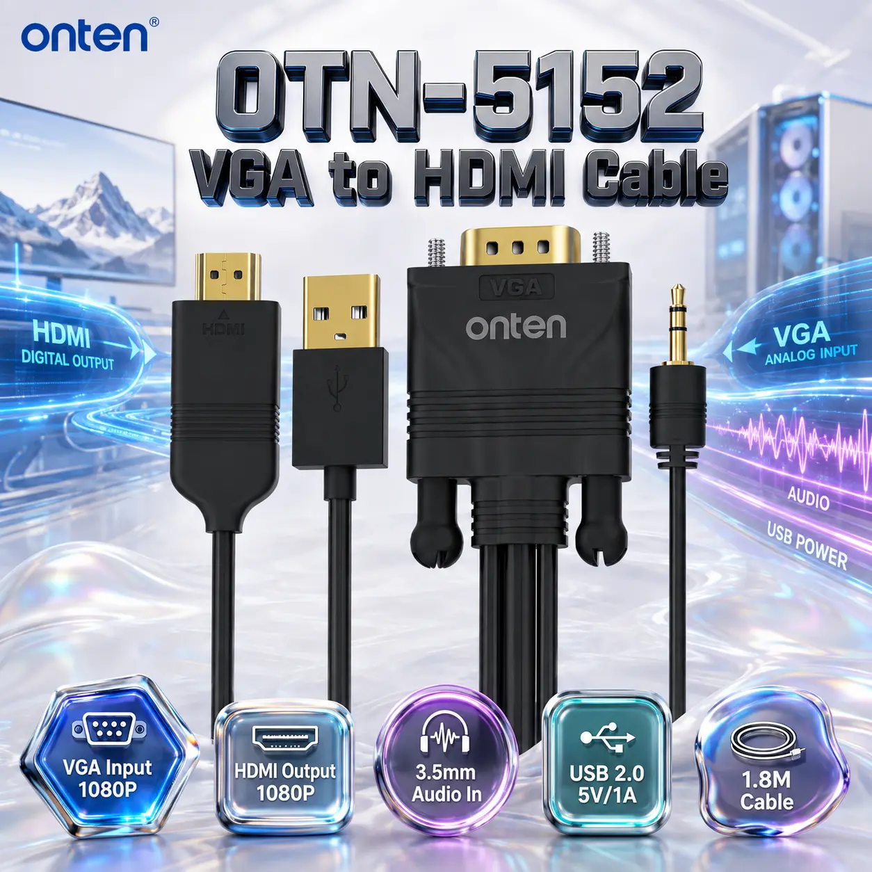 IMG_6a85b41ae6434.webp ONTEN OTN-5152 VGA to HDMI Cable 1.8M – 1080P VGA Input to 1080P HDMI Output Converter With 3.5mm Audio Input & USB 2.0 5V/1A Power - Image 1
