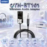 ONTEN OTN-BT101 USB Bluetooth Adapter Cable – Wireless Audio Adapter With 3.5mm Audio Output, Bluetooth 5.0, >95dB SNR, 10m Range, and USB 5V Power
