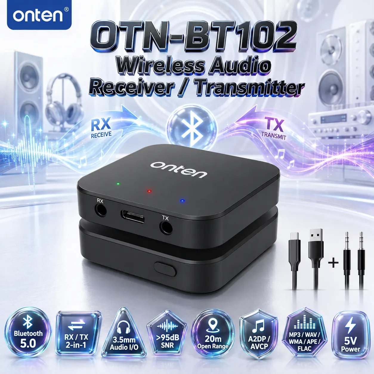 IMG_6a85b6acde63d.webp ONTEN OTN-BT102 2-in-1 Wireless Audio Receiver & Transmitter – Bluetooth 5.0 Audio Adapter With 3.5mm I/O, A2DP & AVCP Support, >95dB SNR, 20m Range, and 5V Power - Image 1