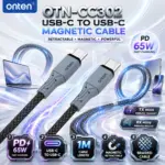 ONTEN OTN-CC302 USB-C to USB-C Retractable Magnetic Charging Cable 1M – PD 65W Fast-Charging Cable With Braided Design & Reinforced Type-C Connectors
