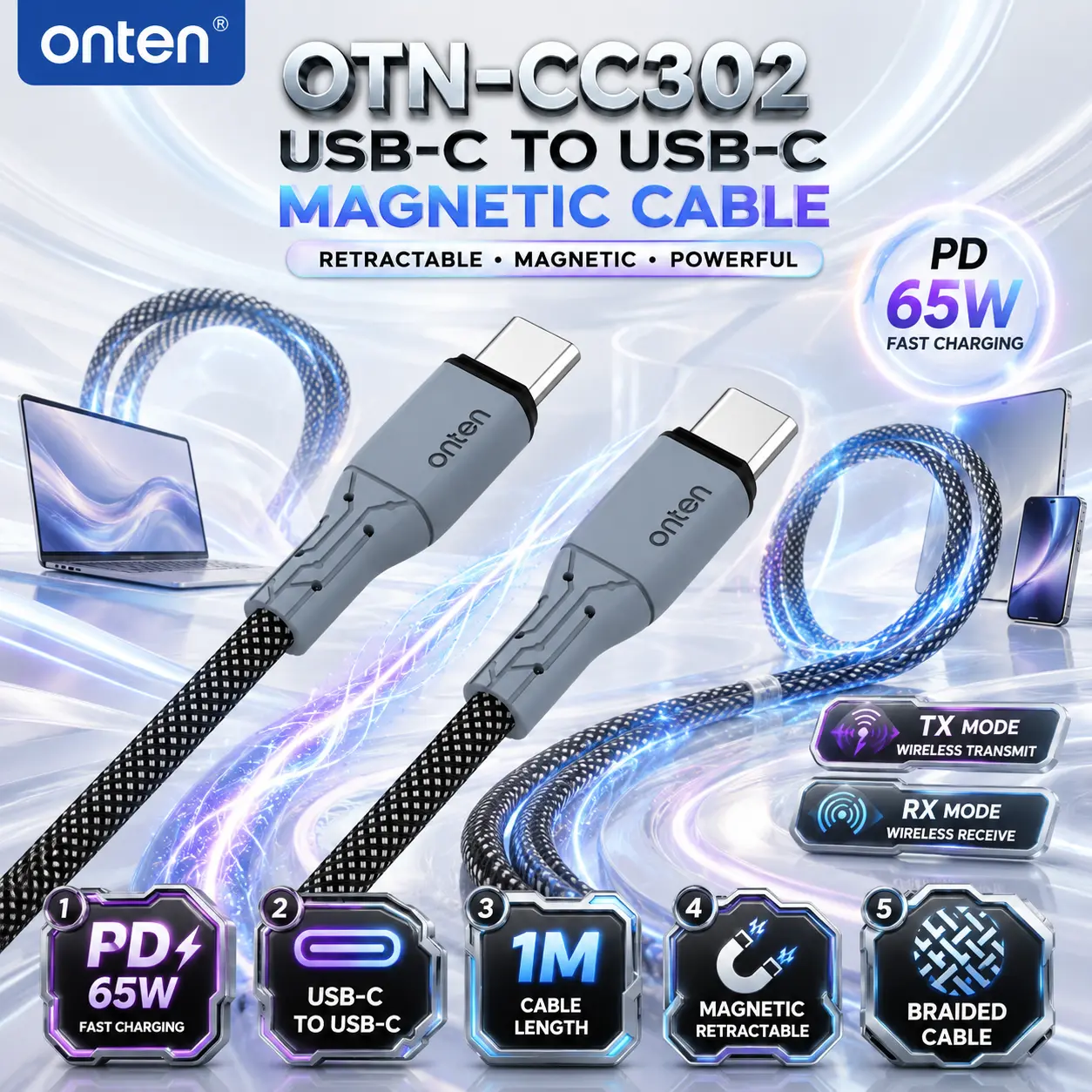 IMG_6a85b8d9ea64b.webp ONTEN OTN-CC302 USB-C to USB-C Retractable Magnetic Charging Cable 1M – PD 65W Fast-Charging Cable With Braided Design & Reinforced Type-C Connectors - Image 1