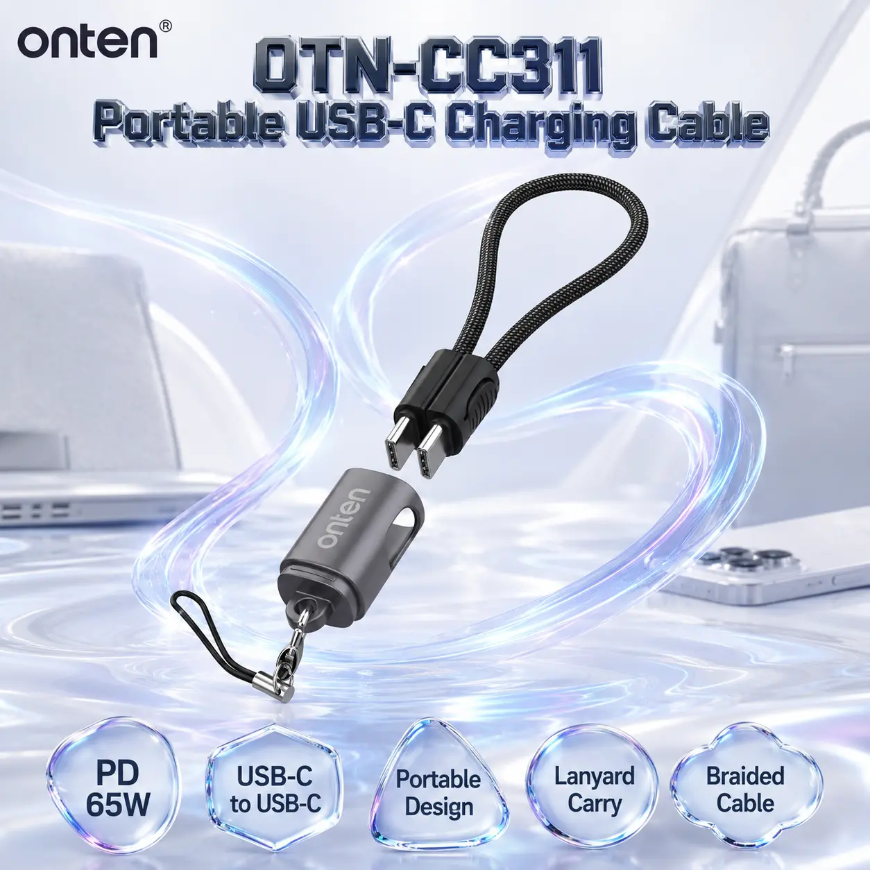 IMG_6a85bb80e3c0f.webp ONTEN OTN-CC311 USB-C to USB-C Portable Charging Cable With Lanyard – PD 65W Fast-Charging Braided Type-C Cable With Compact Keychain-Style Carry Design - Image 1