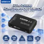 ONTEN OTN-7593B HDMI 2.0 3-In-1-Out Switch, 4K 60Hz Resolution, 3 HDMI Inputs to 1 HDMI Output, Button/Remote Switching, ABS Shell for PCs, Consoles, Monitors & TVs — Black Design