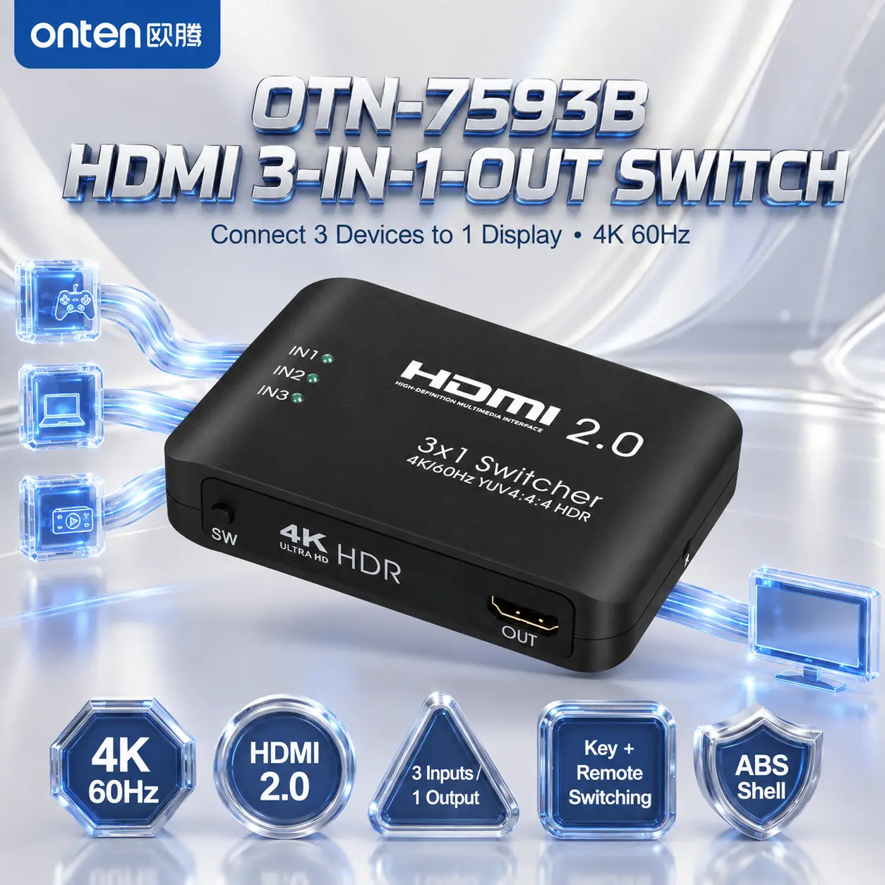 IMG_6a86c25f76477.webp ONTEN OTN-7593B HDMI 2.0 3-In-1-Out Switch, 4K 60Hz Resolution, 3 HDMI Inputs to 1 HDMI Output, Button/Remote Switching, ABS Shell for PCs, Consoles, Monitors & TVs — Black Design - Image 1