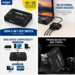 ONTEN OTN-7593B HDMI 2.0 3-In-1-Out Switch, 4K 60Hz Resolution, 3 HDMI Inputs to 1 HDMI Output, Button/Remote Switching, ABS Shell for PCs, Consoles, Monitors & TVs — Black Design - Image 2