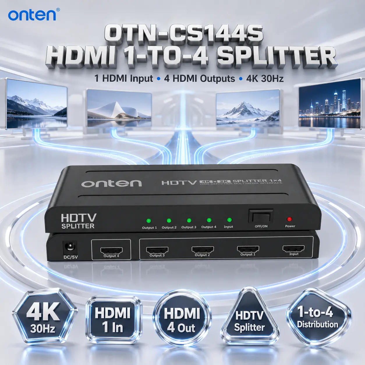 IMG_6a86c4f3cf363.webp ONTEN OTN-CS144S HDMI 1-to-4 Splitter, 1 HDMI Input to 4 HDMI Outputs, 4K@30Hz Video Distribution, HDTV Splitter with DC/5V Power Input and Output/Input Status LEDs for 4 Displays. - Image 1